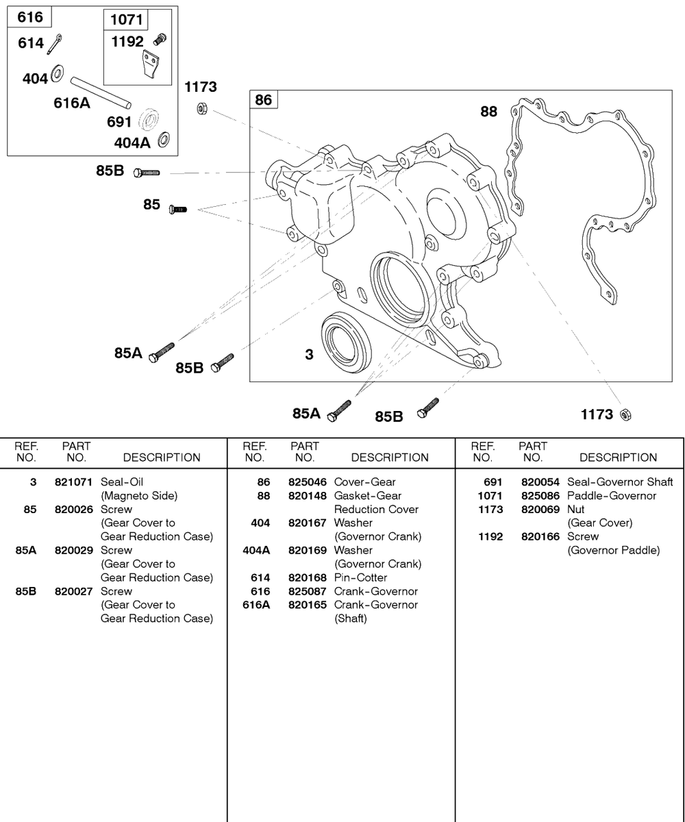 Gear Cover, Governor Crank Diagram and Parts List for 589447-0334-XX  Briggs and Stratton Engine